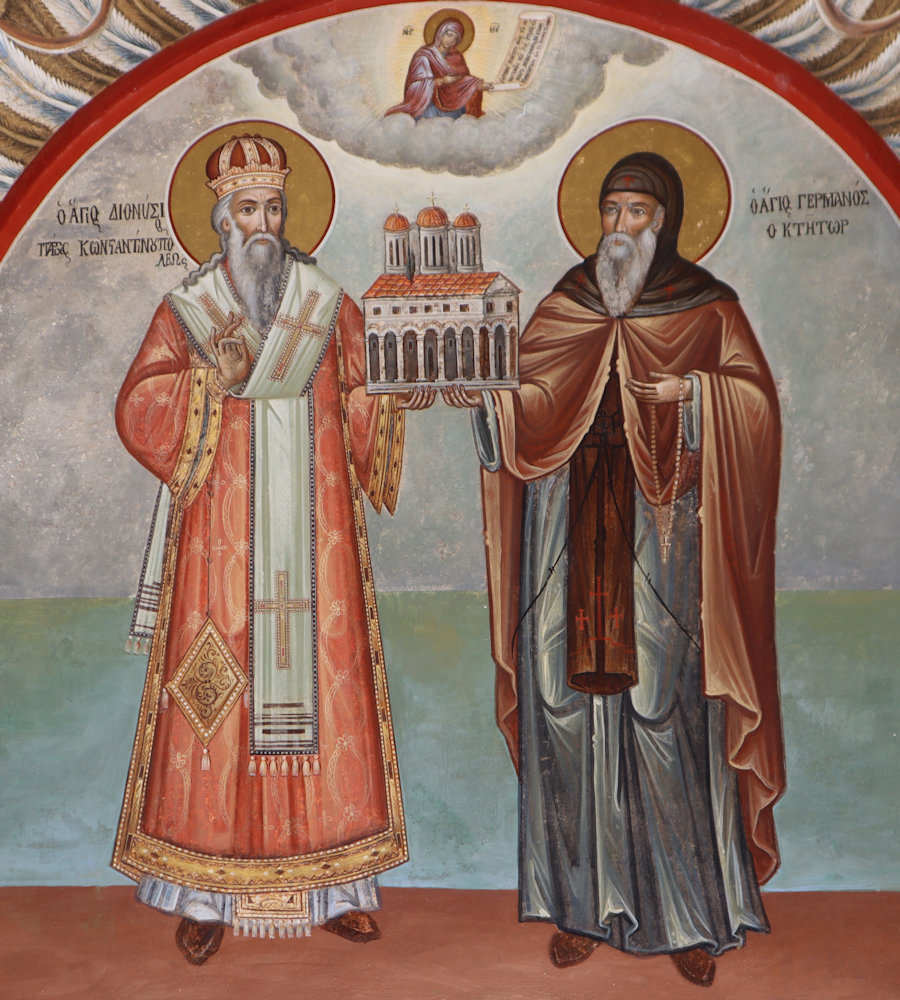 Fresko: Germanos (rechts) und der „zweite Klostergründer” Dionysius I. von Konstantinopel, am Kloster Eikosifinissa bei Nikisiani