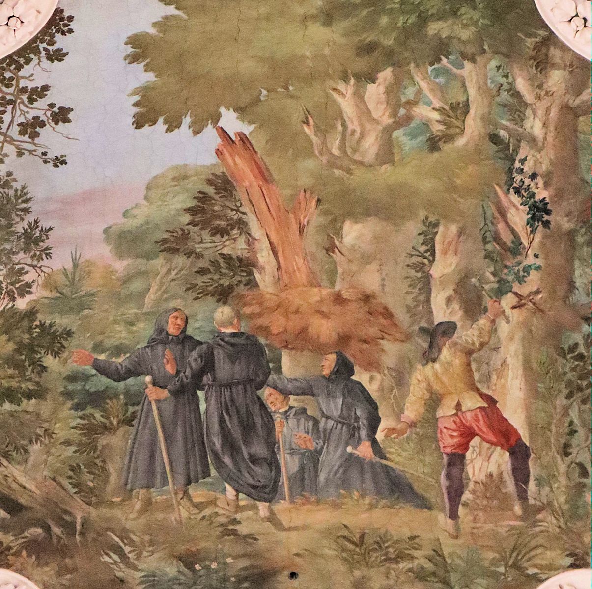 Johann Jakob Steinfels: Gerwich und seine Mitbrüder beginnen mit der Rodung des Waldes, Deckenfresko, um 1700, in der Kirche des Klosters in Waldsassen