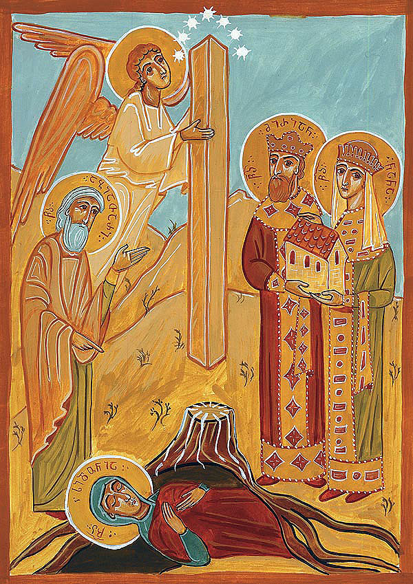 Ikone: Sidonia mit Jesu Gewand unter der Säule, König Mirian, Nina und ein weiterer Heiliger