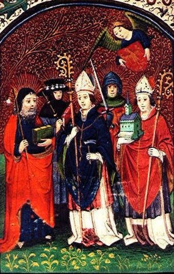 Buchmalerei: Gislenus (vorne rechts) mit Jakobus dem Älteren (vorne Mitte), Joseph von Nazaret (vorne links), Eligius von Noyon (hinten links) und Hermes von Rom (hinten rechts), um 1450, Holländisches Gebetbuch