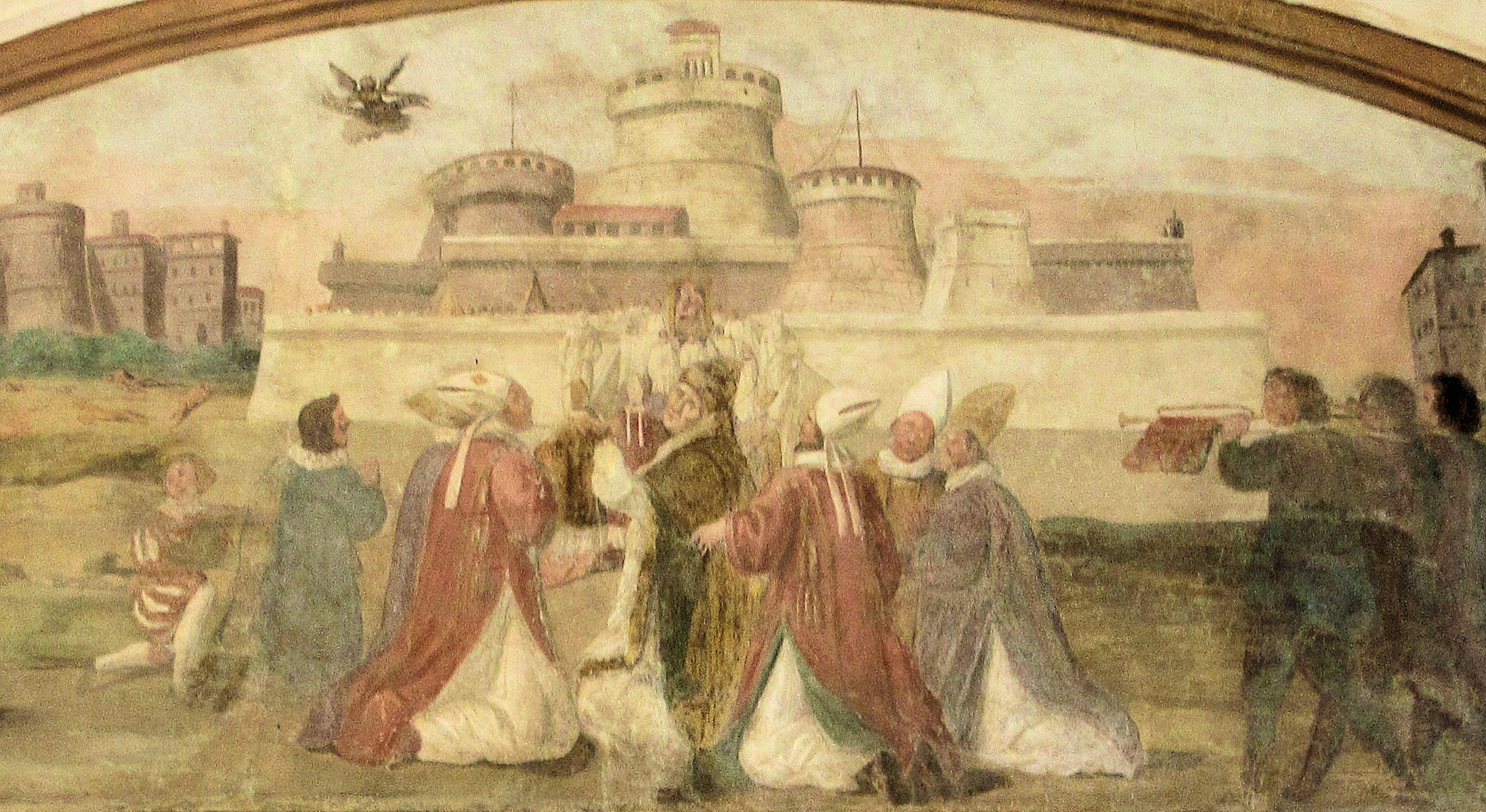 Fresko: Gregor betet um Beendigung der Pest in Rom, um 1730, an der Kirche San Gregorio Magno al Celio