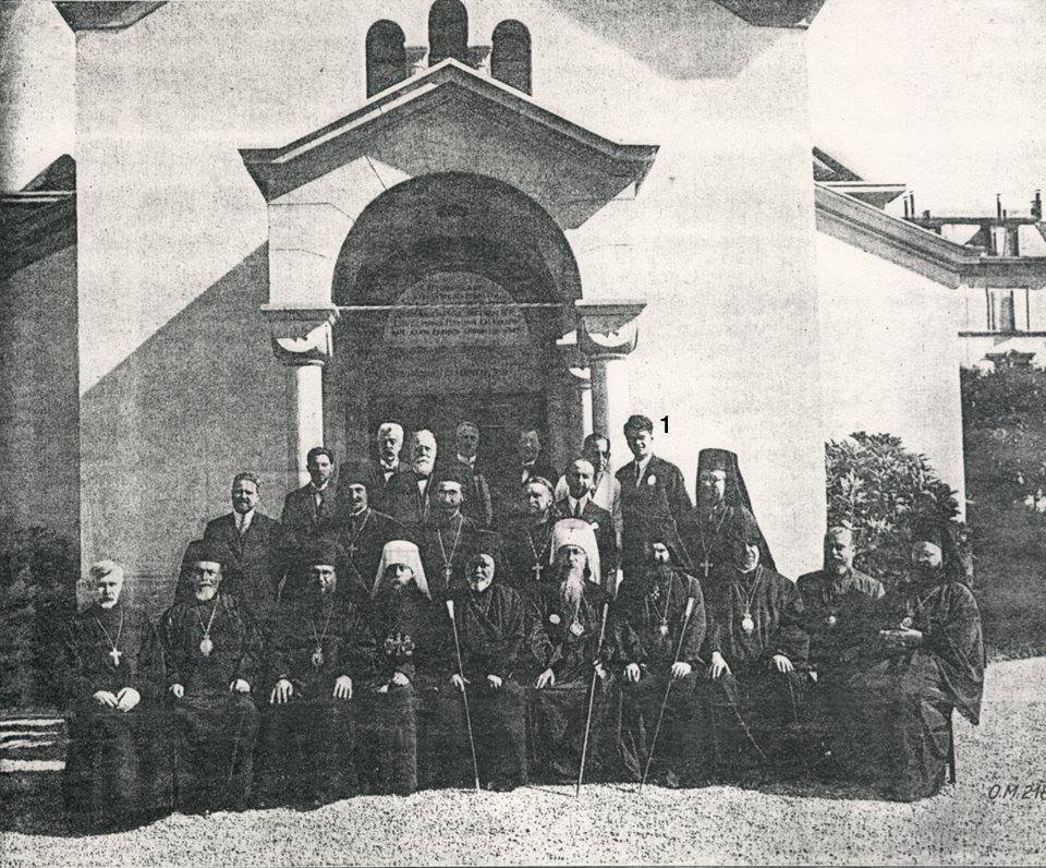 Gregor (bezeichnet mit „1”) im Kries der Orthodoxen Delegation bei der Ersten Weltkonferenz über Glauben und Kirchenverfassung in Lausanne 1927
