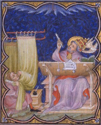 Petites Heures des Johannes von Berry: Gregor schreibt, inspiriert vom Heilighen Geist, 14. Jahrhundert, in der Bibliothèque Nationale de France in Paris