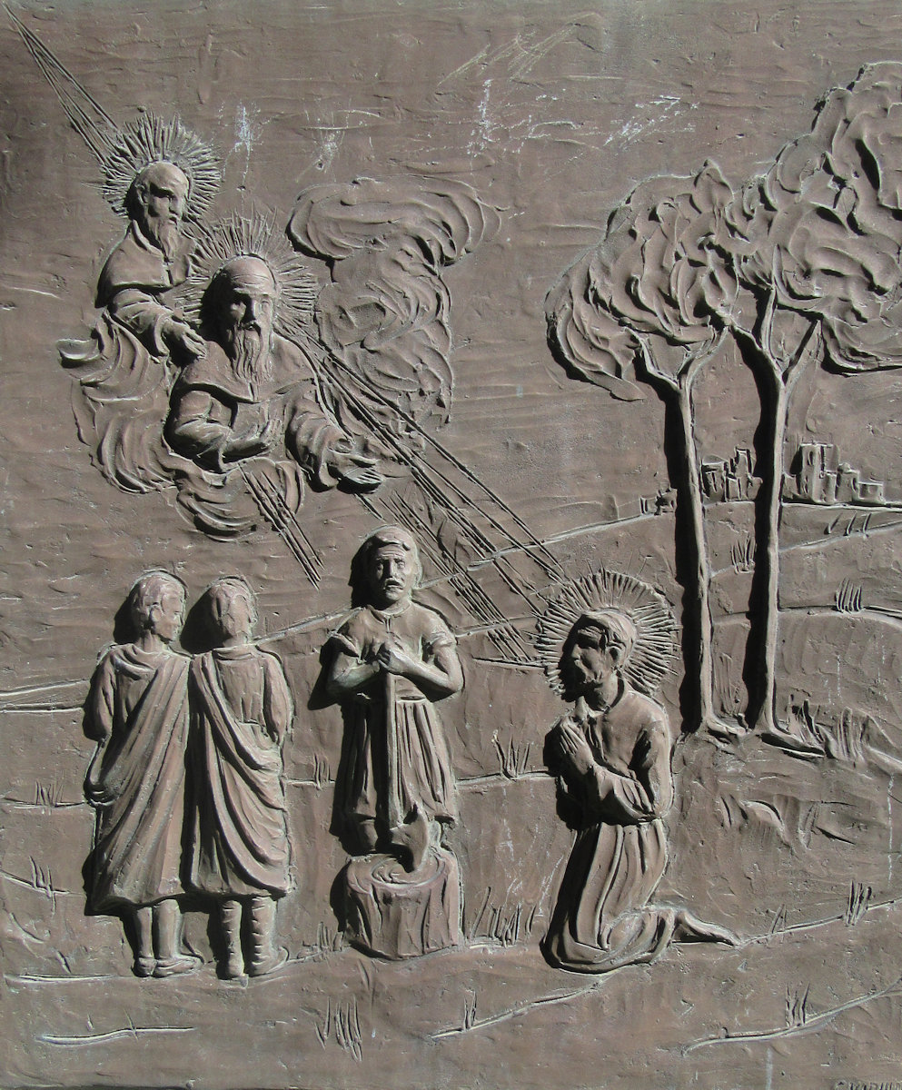 Bronzerelief: Gregors Martyrium, am Zugang zur Höhle von Calogerus von Sizilien auf dem Monte Crono bei Sciacca