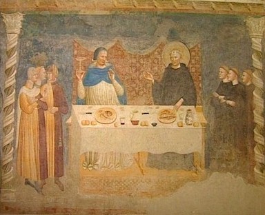 Wandgemälde: Das Wunder des Guido: während eines überraschenden Besuches des Bischofs Gebhard / Geberardo von Ravenna verwandelte Guido Wasser in Wein, im Kloster Pomposa