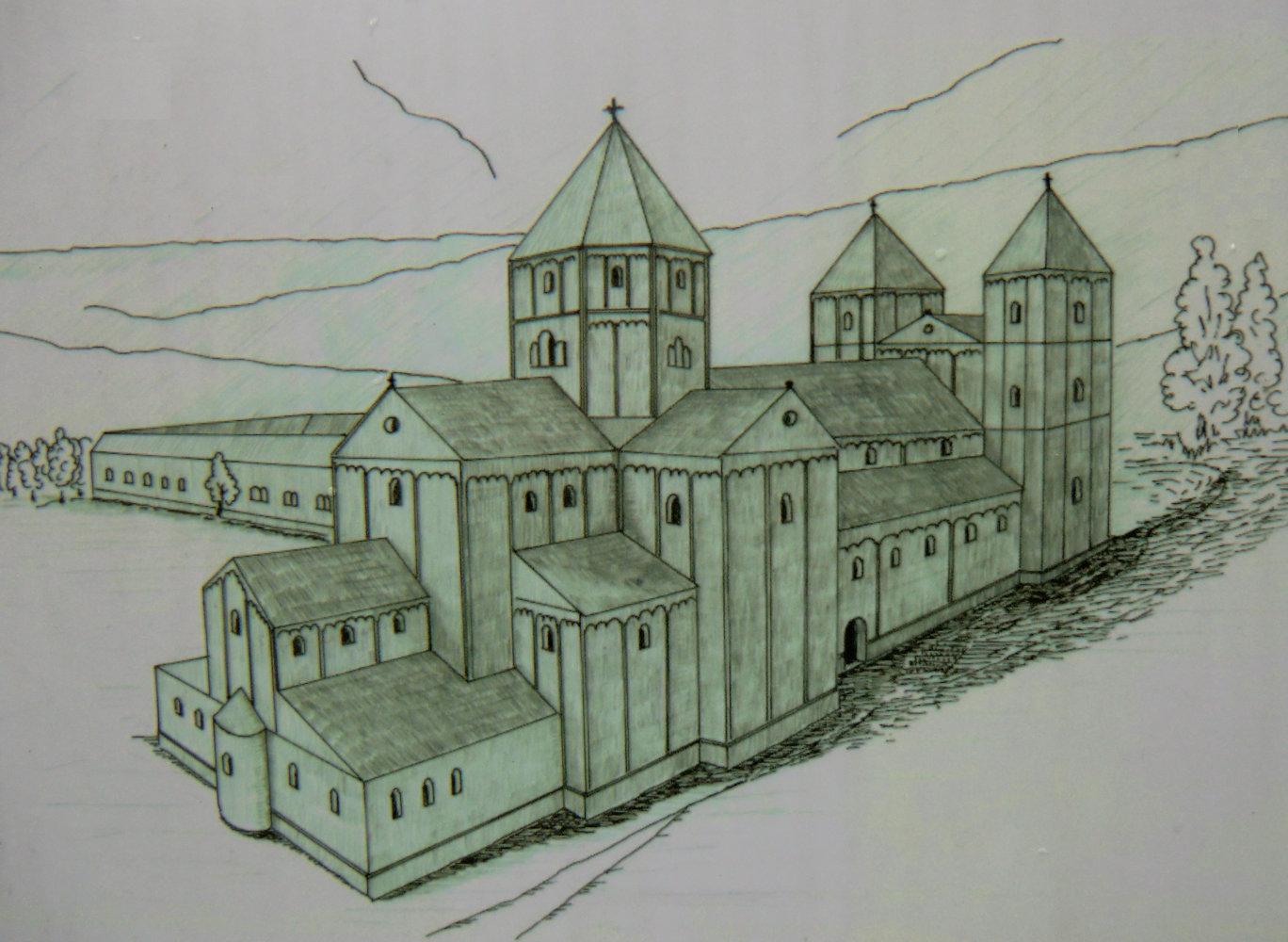 Rekonstruktionszeichnung der Basilika und des Klosters Niedermünster
