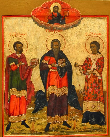 Russische Ikone: Gurias (Mitte) mit Samonas (links) und Habib (rechts), 18. Jahrhundert