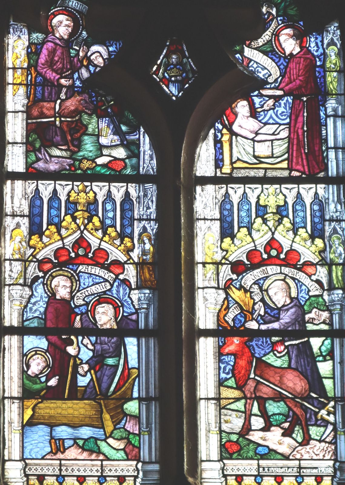 Glasfenster mit Szenen aus Gwenvaëls Leben, in der Kirche Saint-Envel in Loc-Envel