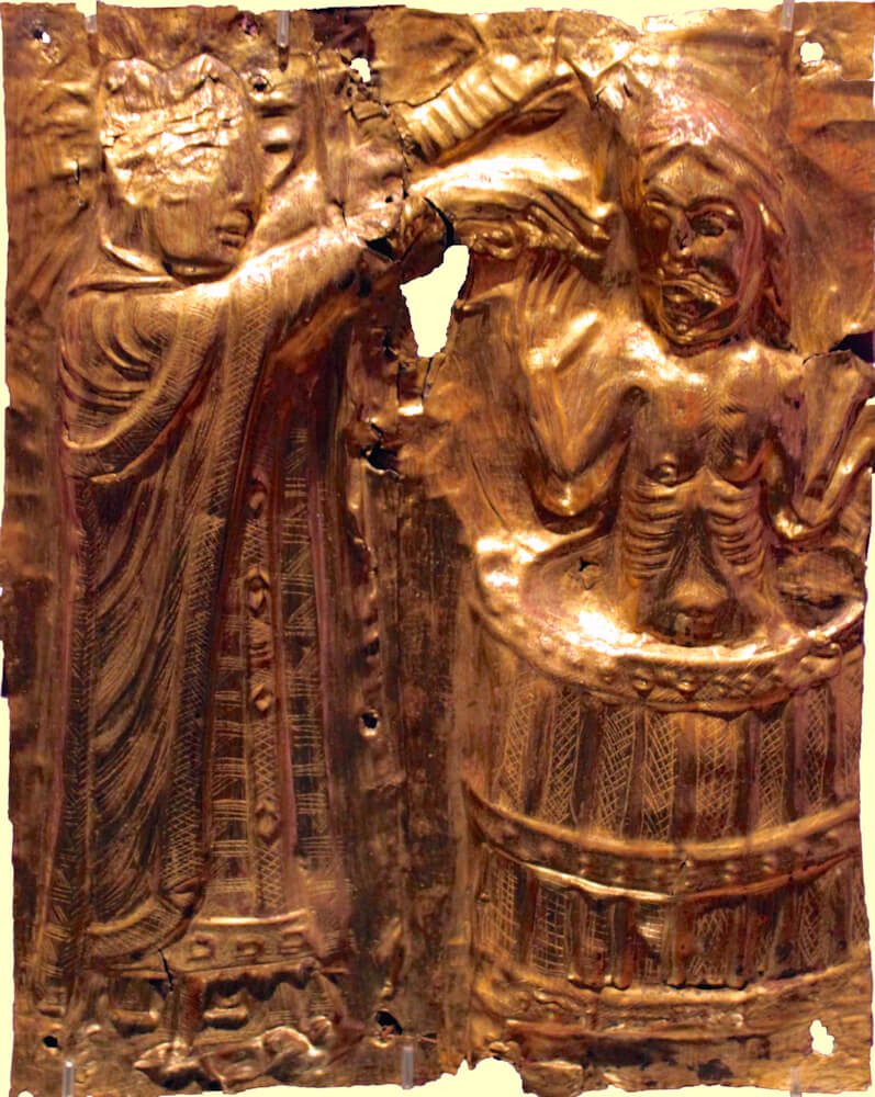Goldrelief: Harald IV. wird von Bischof Missionar Poppo von Schleswig getauft, um 1200, in der Tamdrup-Kirche in Horsens