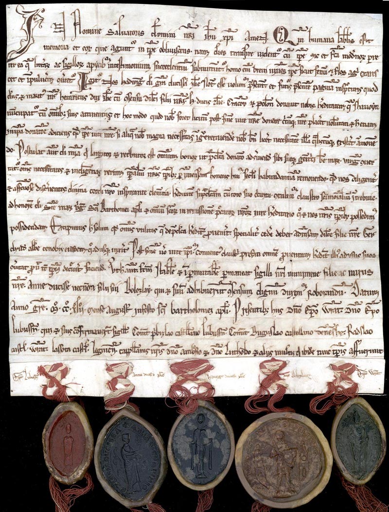 Urkunde, mit der Hedwig ihren Besitz dem Kloster Trzebnica vermachte, 1242, im Staatsarchiv in Wrocław