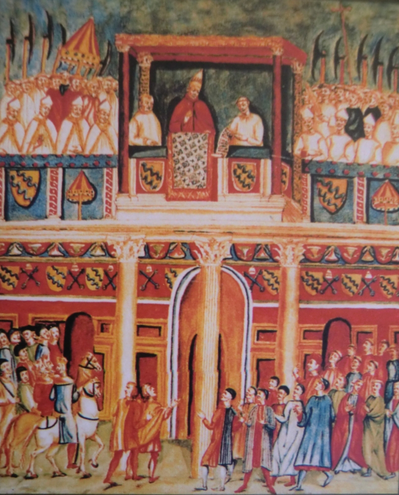 Giotto: Heiligsprechung durch Papst Bonifatius VIII. - er regierte von 1294 bis 1303 - auf der Loggia des Lateranspalastes, Fresko, 17. Jahrhundert, in der Loggia des Lateranspalastes