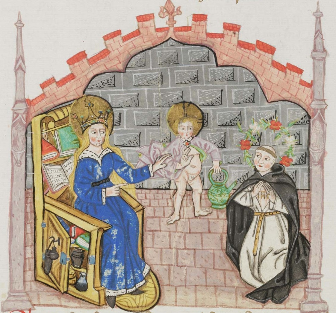 Cuonrad Sailer (?): Buchmalerei aus 'Heinrich Seuse: Schriften': Heinrich Seuse mit Maria und dem Jesuskind, um 1490, in der Stiftsbibliothek in St. Gallen