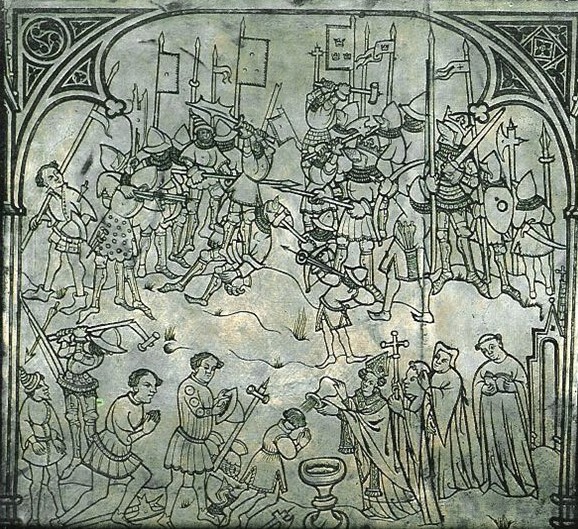 Panel auf seinem Grab, um 1420: Heinrich bekämpft (hinten) und tauft (vorne) die Finnen