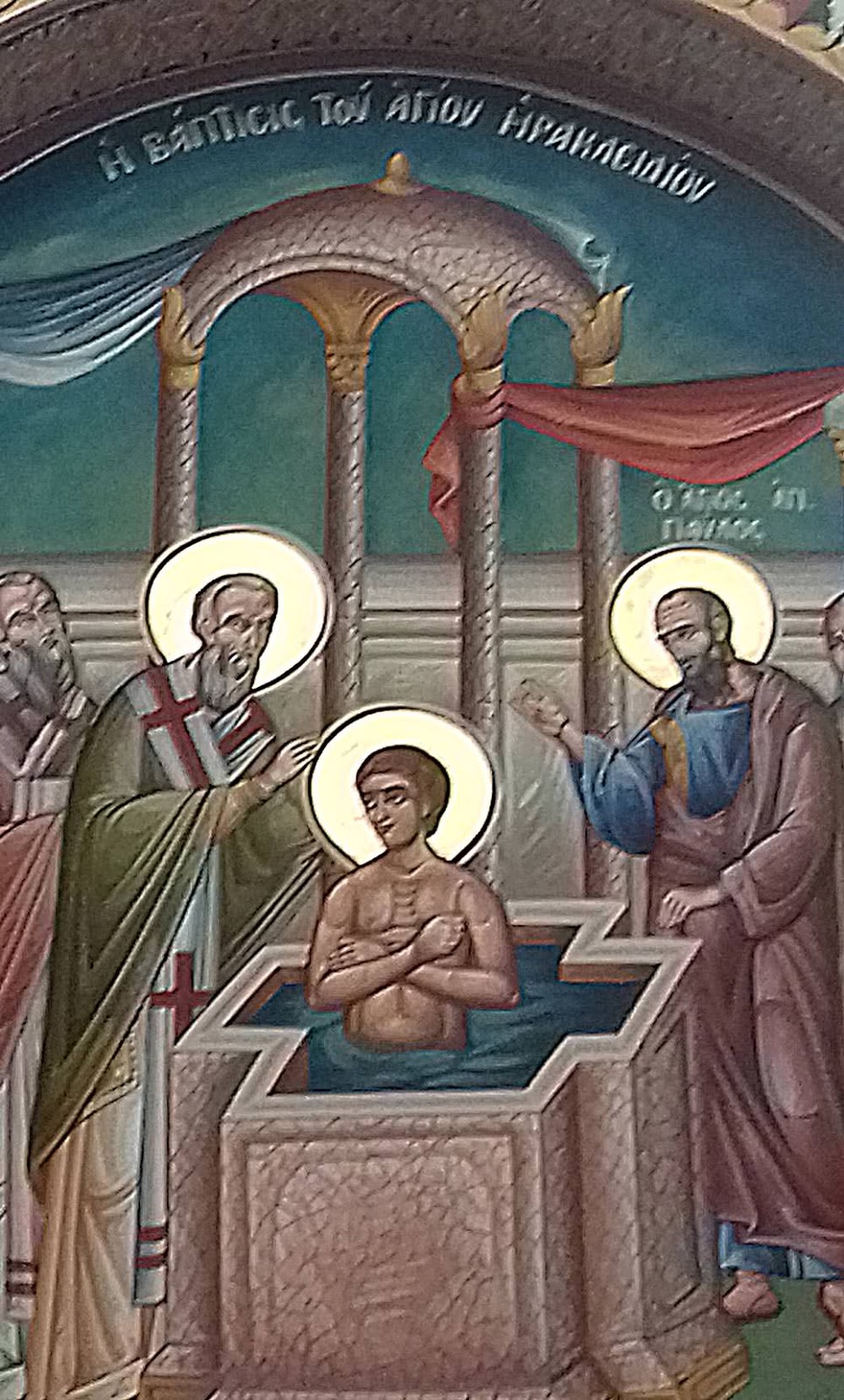 Heraklides' Taufe durch Barnabas (links) und Paulus