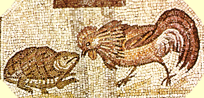 Der Hahn, Sinnbild für das Christentum und das Licht, stellt sich der Schildkröte, dem Sinnbild für Unglauben, entgegen. Mosaik, 4. Jahrhundert, in der Basilika von Aquileia