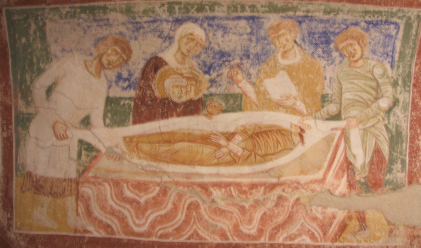 Hermagoras' Bestattung durch Pontianus, Alexandra und Gregorius' Familie, Fresko, 12. Jahrhundert, in der Krypta der Basilika in Aquileia