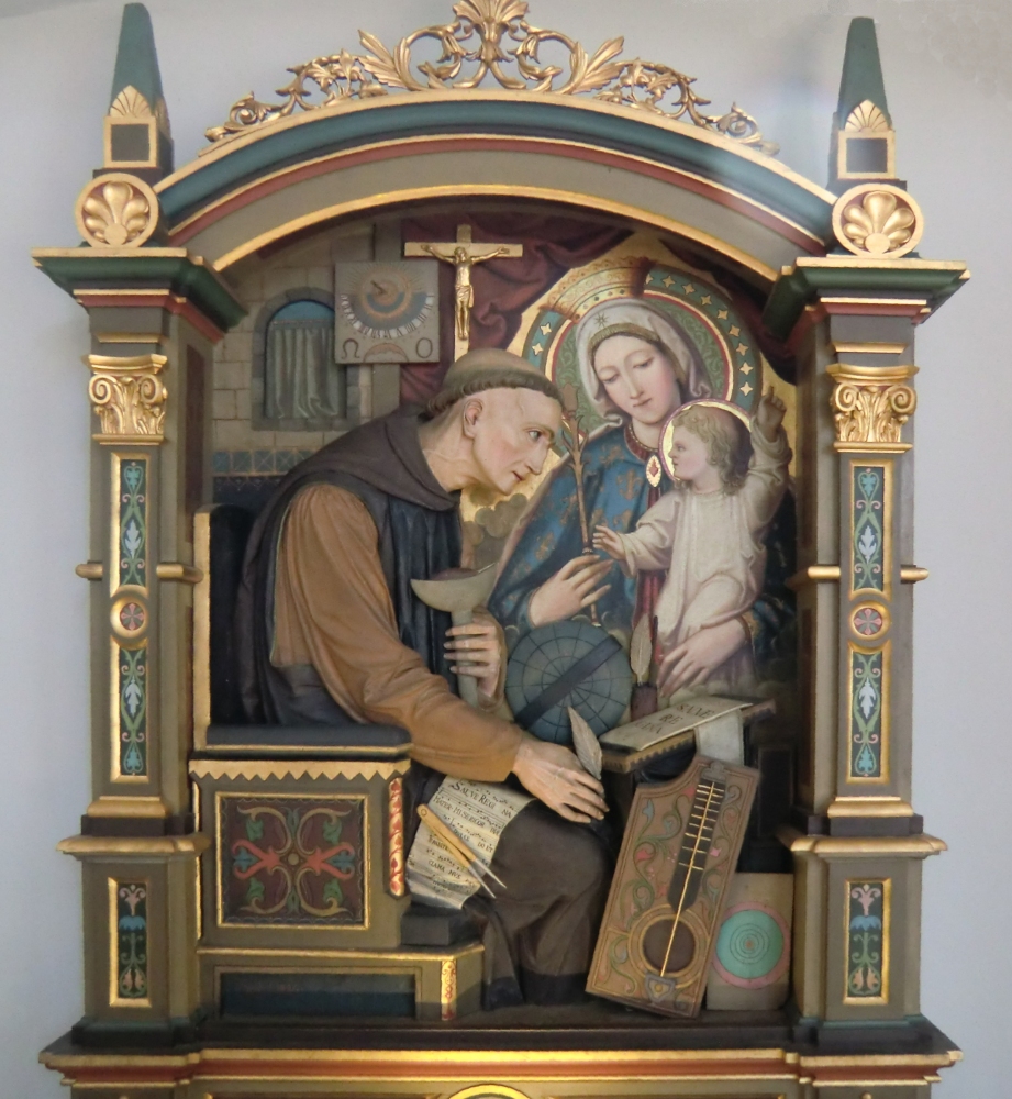 Kunstmaler Zodel: Hermann vor Maria mit dem Jesuskind, Holzbildwerk, 1886, in der Hermann-Ausstellung in der Schlosskirche in Altshausen