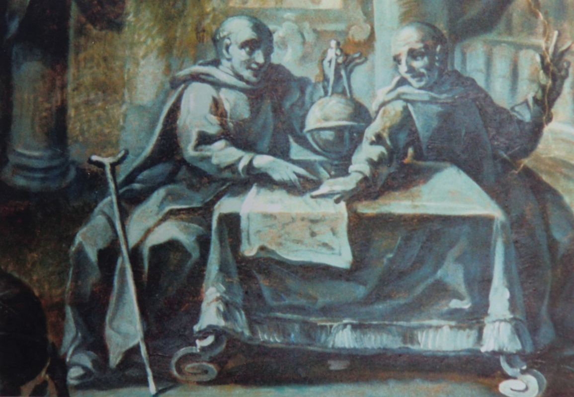 Joseph Wannermacher: Hermann mit seinem Schüler Berthold von der Reichenau, Deckenfresko in der Bibliothek des Klosters St. Gallen, 1762, Foto in der Hermann-Ausstellung in der Schlosskirche in Altshausen