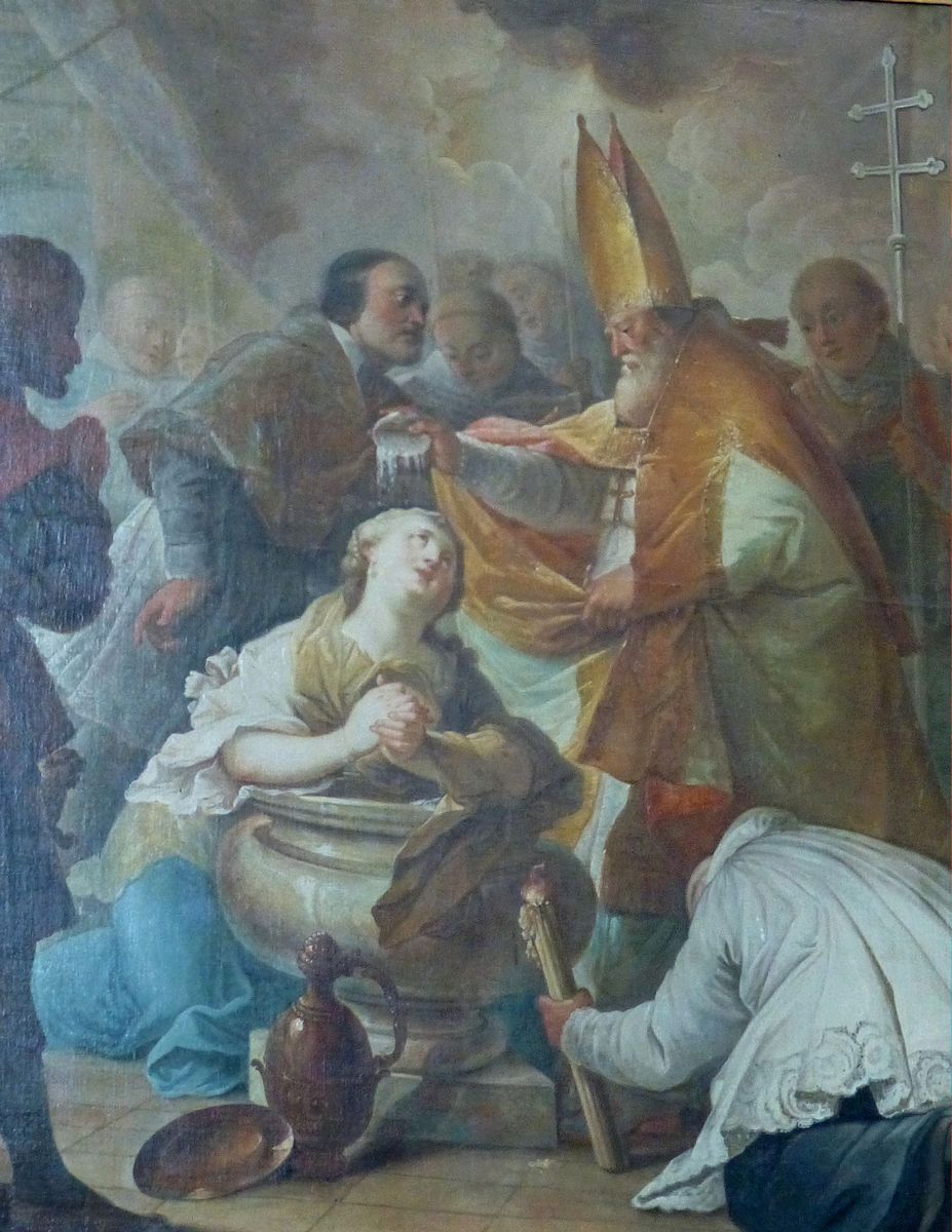 Gemälde: Hildulph tauft Odilia vom Elsass, in der Kirche des ehemaligen Klosters Mittelmünster