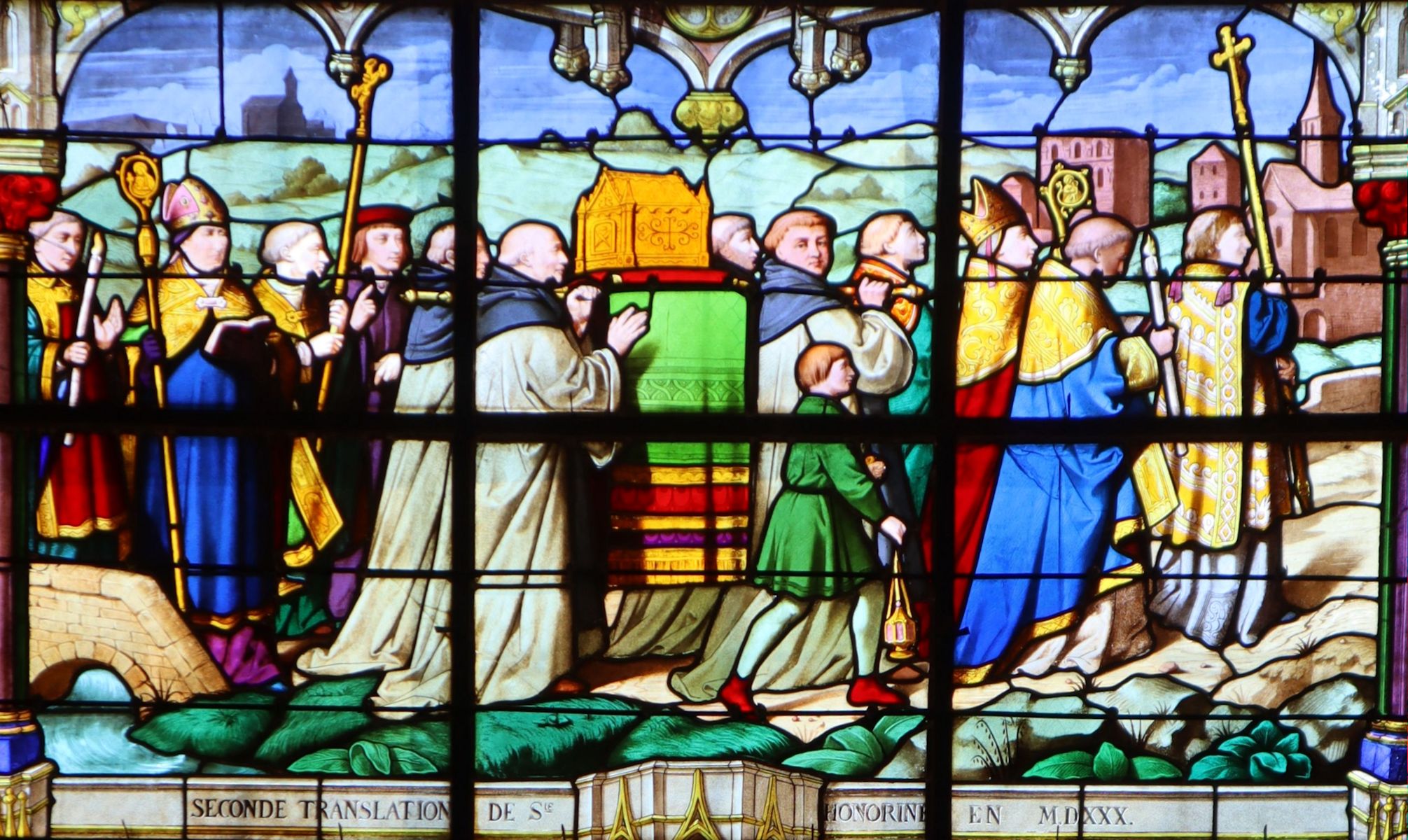 Jacques Avoine: die Übertragung von Honorinas >Gebeinen, Glasfenster, 1951, in der Kirche Saint-Maclou in Conflans-Sainte-Honorine