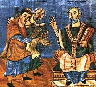 Hrabanus Maurus (links) überreichtzusammen mit seinem Lehrer Alkuin Martin von Tours (rechts) seine Schrift De laudibus sanctae crucis, Lob des Heiligen Kreuzes