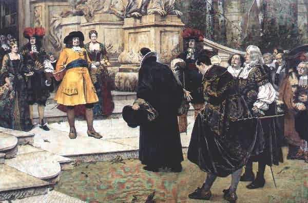 Hugo Vogel: Friedrich Wilhelm von Brandenburg, der 'große Kurfürst', empfängt die aus Frankreich geflohenen Hugenotten im Potsdamer Schloss, Holzstich, 1885, im Palais Sternberg in Prag