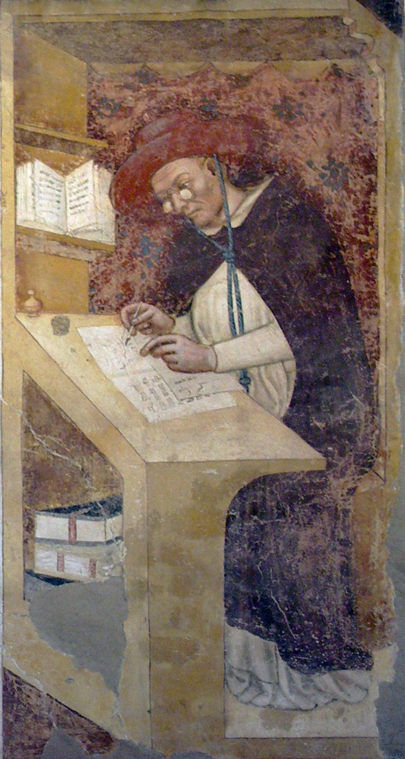 Tommaso da Modena: Wandmalerei, 1352, im ehemaligen Kloster San Nicolò in Treviso - eines der ersten Bilder einer Person mit Brille