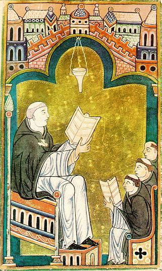 englische Buchmalerei: Hugo als Lehrer, 13. Jahrhundert, Bodleian Library in Oxford