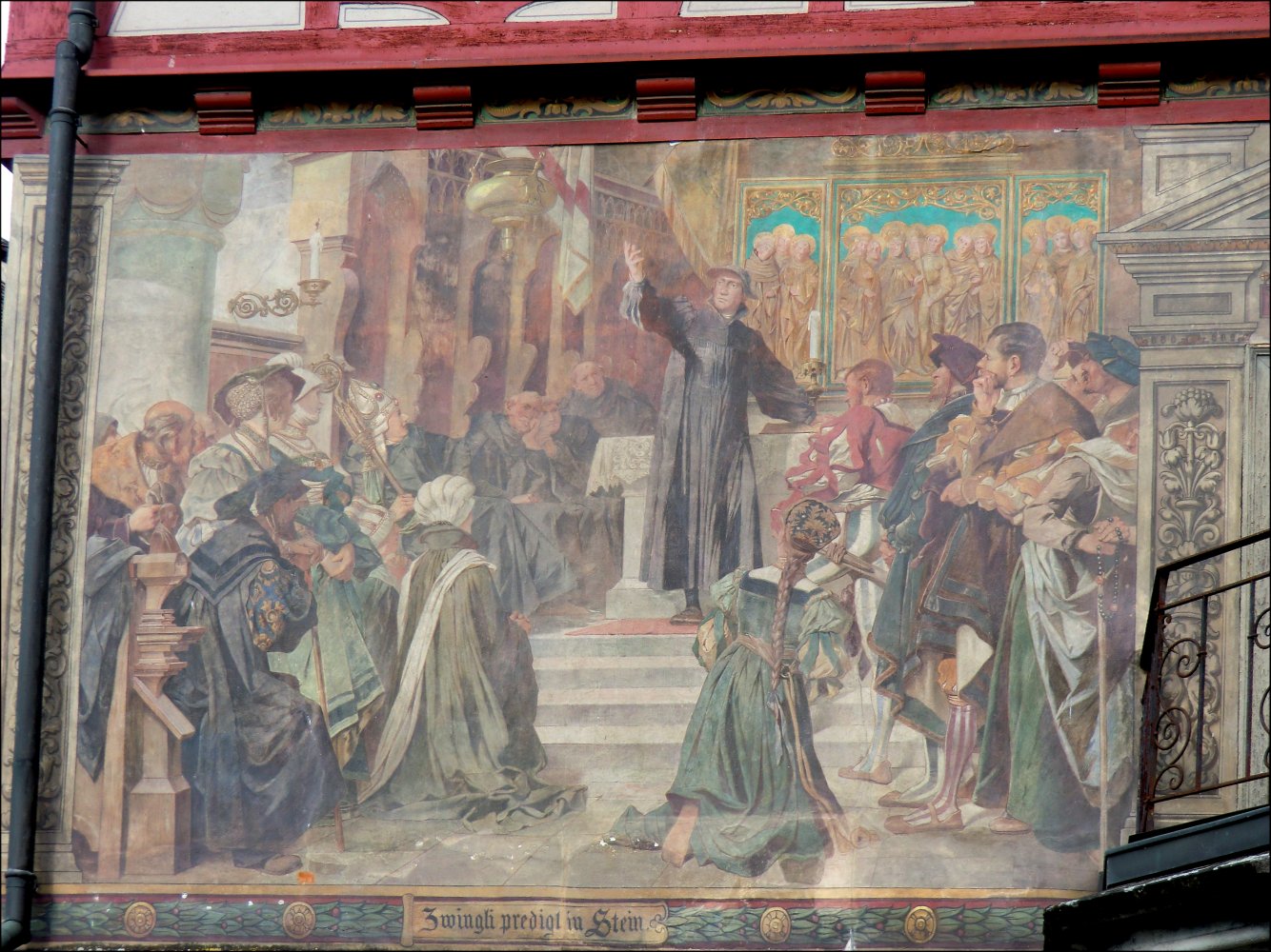 Fresko am Rathaus der Stadt: Zwingli predigt in Stein am Rhein