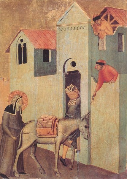 Pietro Lorenzetti: Humilitas transportiert Steine zum Bau ihres Klosters, um 1341, Galleria degli Uffizi in Florenz