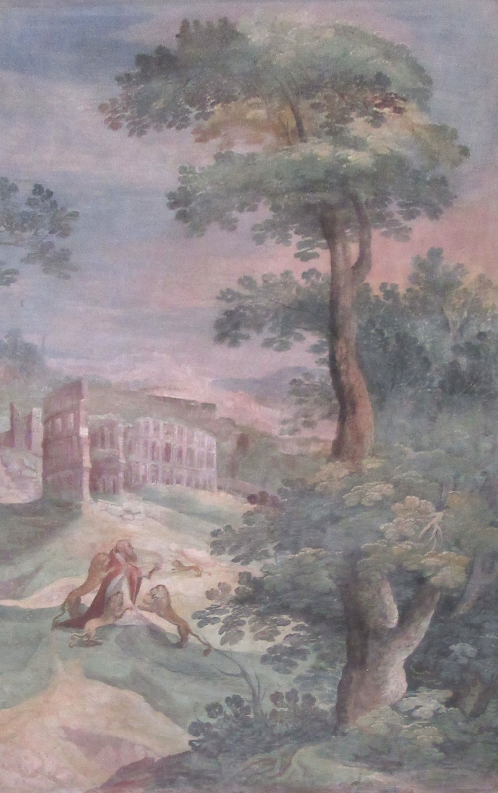 Fresko: Ignatius wird von Löwen zerfleischt vor den Ruinen des „Kolosseums” in Rom, um 1600, in der Kirche San Vitale in Rom
