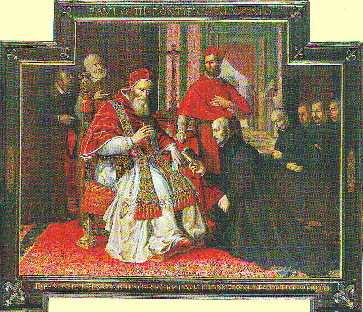 Gemälde: Ignatius überreicht Papst Paul III. und dessen Enkel, Vizekanzler Alessandro Farnese, die Ordensregel, 17. Jahrhundert, in der Kirche Il Gesù in Rom