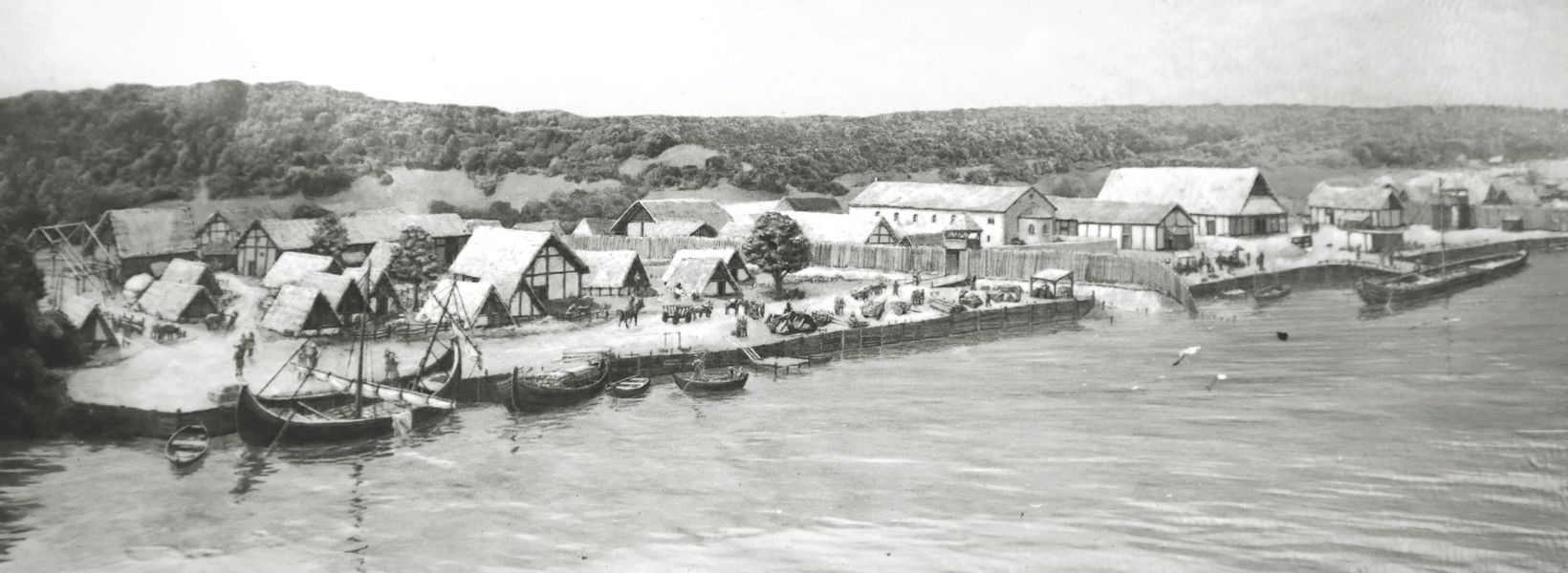 Rekonstruktion der Siedlung Karlsburg in der Karolingerzeit mit Kirche und Kloster