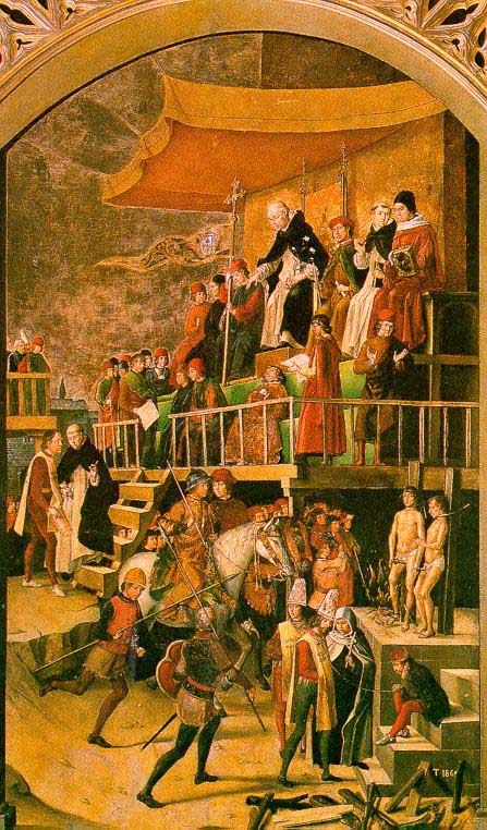 Pedro Berruguete: Verbrennung der Häretiker - Dominikaner bei der Inquisition, um 1490, im Nationalmuseum del Prado in Madrid