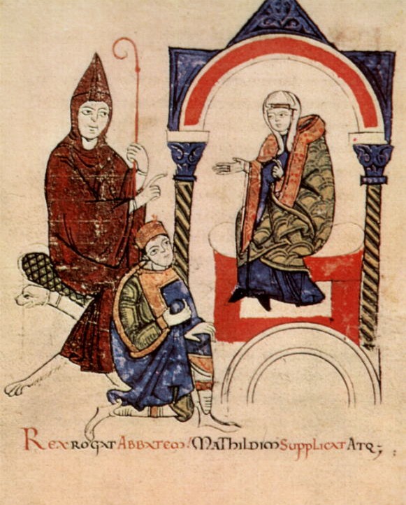 Hugo (links) und Heinrich IV. bitten die Markgräfin Mathilde von Canossa um Vermittlung im Investiturstreit bei Papst Gregor VII. Aus Donizo: Vita der Gräfin, um 1115