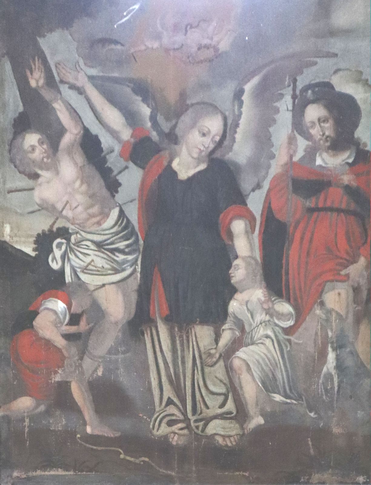 Bild: Irene mit Sebastian (links) und Rochus von Montpellier (rechts), 17. Jahrhundert, in der Kirche des ehemaligen Klosters in Mozac bei Riom