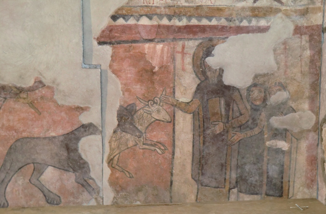 Fresko: Isaak, in Begleitung zweier Mönche, gebietet wilden Tieren Einhalt, 11./12. Jahrhundert, in der Krypta der Kirche San Ansano in Spoleto
