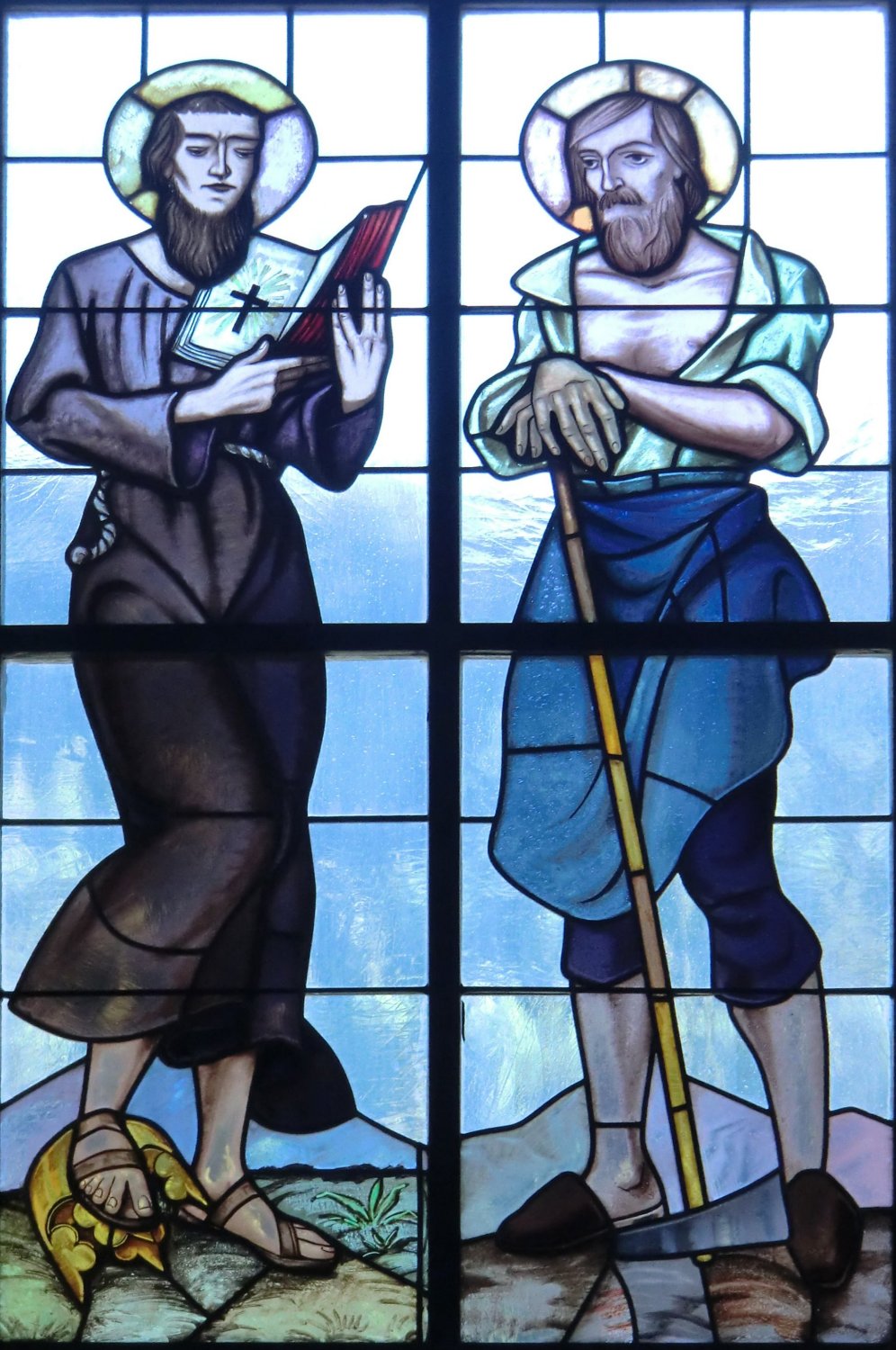 Jodokus und Isidor (rechts), Glasfenster in der Pfarrkirche in St. Jodok am Brenner