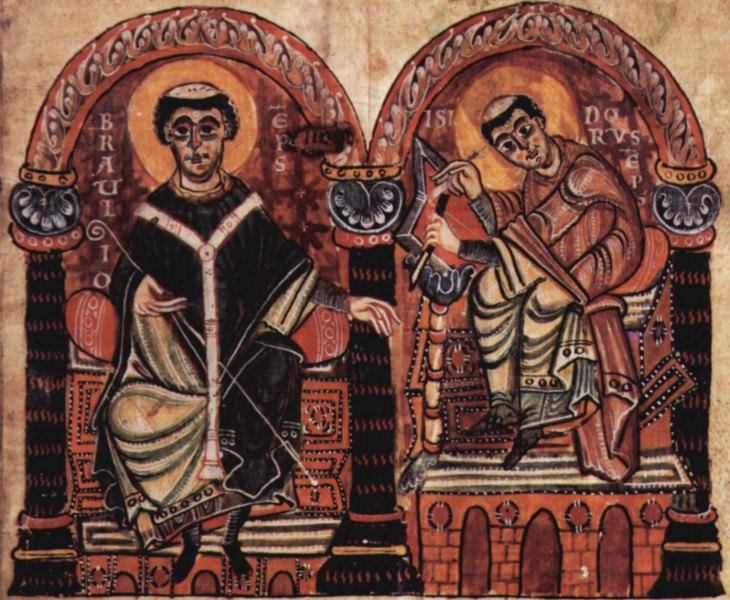 Meister des Codex 167: Bischof Braulio von Saragossa und Isidor, Buchmalerei, 2. Hälfte des 10. Jahrhunderts, in der Stiftsbibliothek des Klosters in Einsiedeln