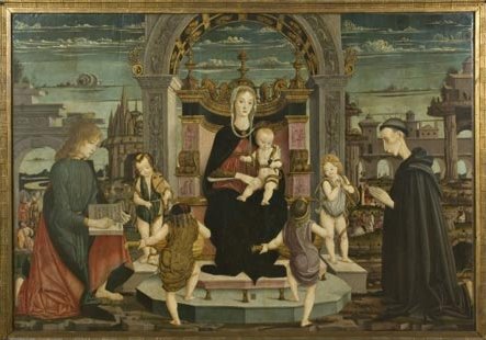 Maestro della Pala Bertoni: Jakob Philipp (rechts) mit Maria und dem Jesuskind (Mitte) sowie Johannes (links), nach 1483, in der Pinakothek in Faënza