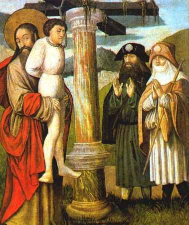 Jakobus rettet den unschuldig gehenkten Jungen, der mit seinen Eltern eine Wallfahrt nach Santiago de Compostela unternommen hatte; aus dem Jakobsaltar der Nürnberger Schule, um 1525