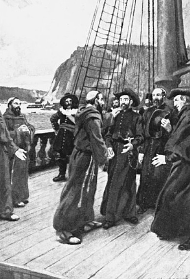 Die ersten Jesuiten werden 1625 in Kanada begrüßt von Rekollekten-Missionaren, die schon seit 1614 in Kanada wirkten. Gemälde von C.W. Jefferys in den National Archives of Canada in Ottawa