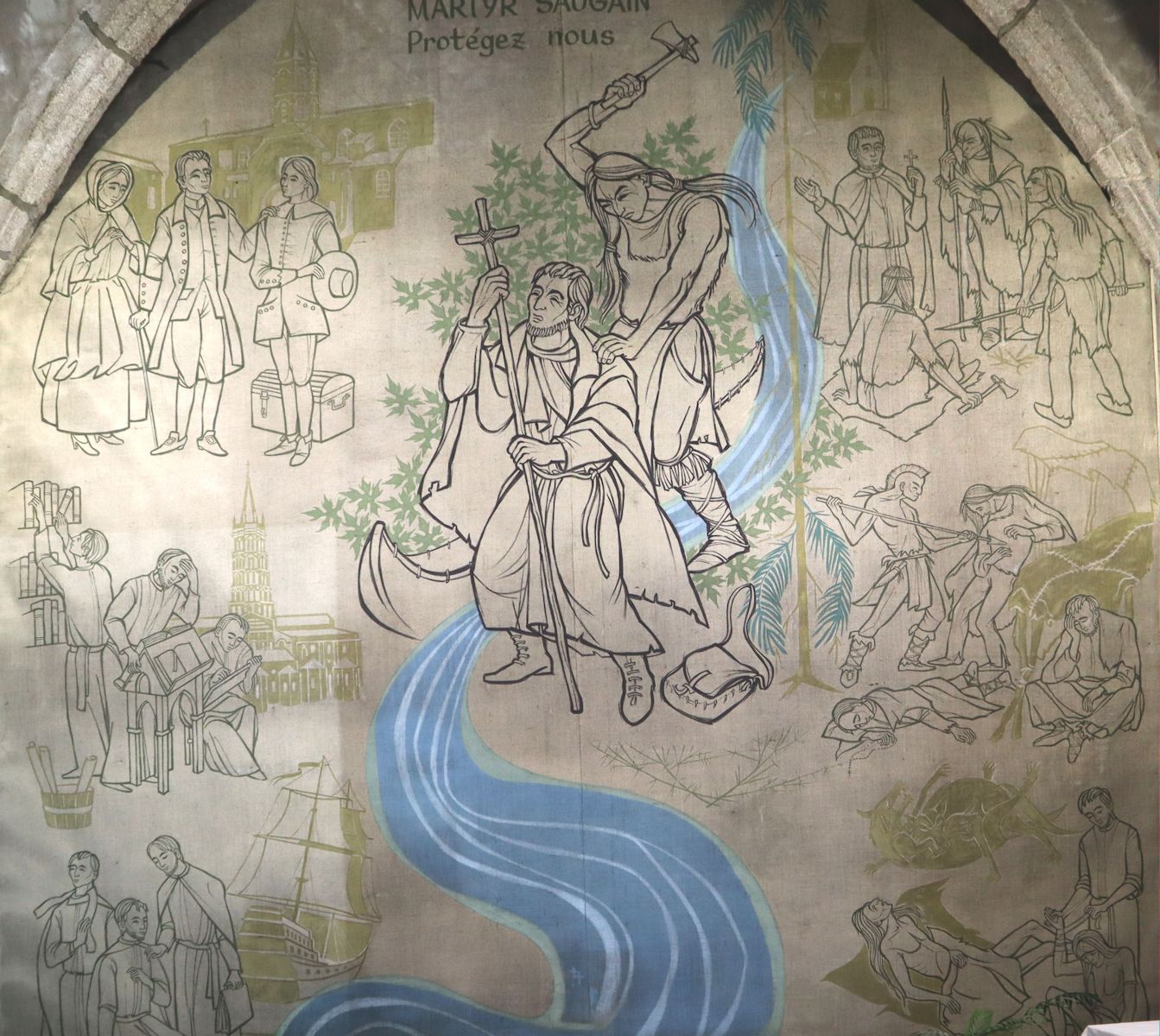 Lucien Gires und Jean-Pierre Sabadel: Fresken mit Szenen aus Natalis' Leben, 1975, in der Natalis Chabanel-Kapelle in der Pfarrkirche in Saugues