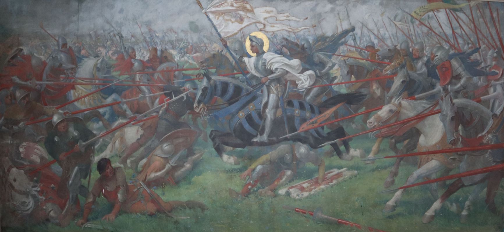 Gemälde: Johanna bei der Schlacht gegen die Engländer, um 1896, im Sanktuarium Bois Chenu