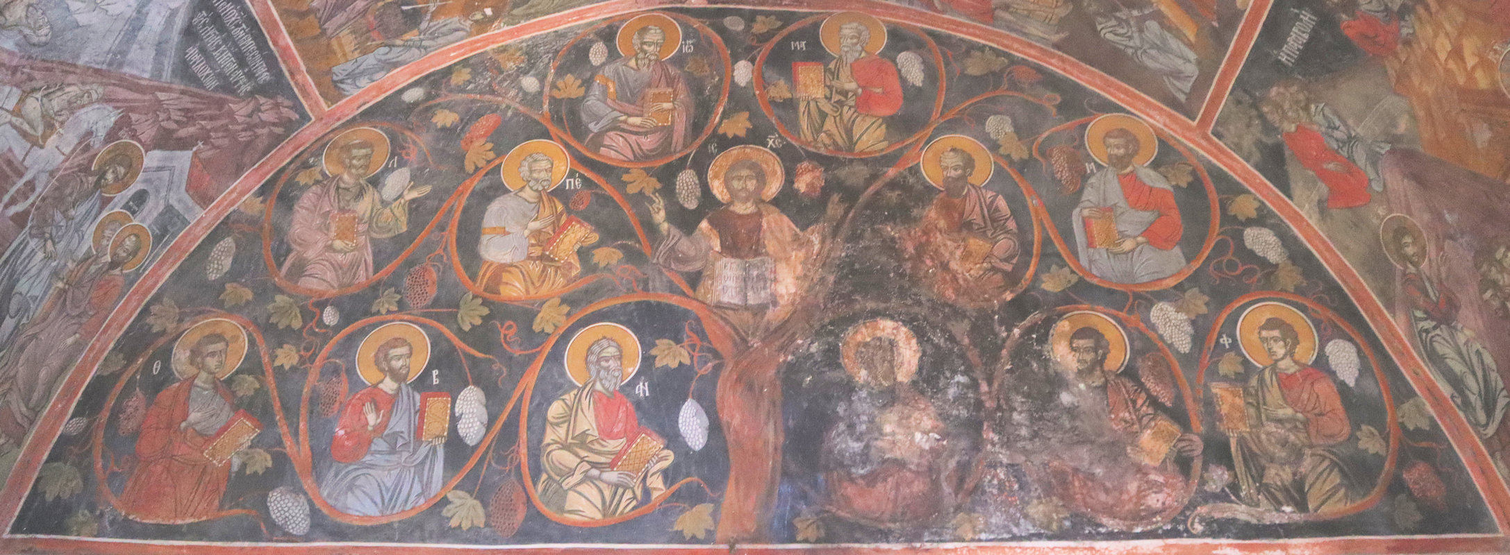 Fresko: Jesus und die zwölf Jünger, 18. Jahrhundert, im Katholikon des Kaisariani-Klosters bei Athen