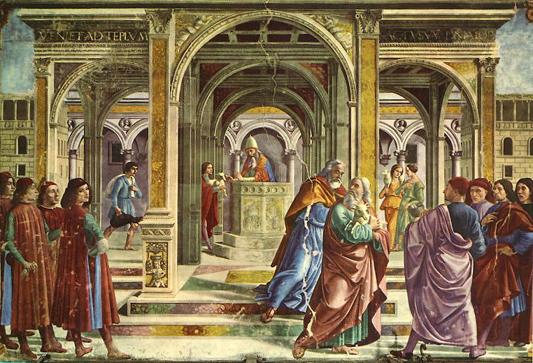 Domenico Ghirlandaio: Joachim wird aus dem Tempel geworfen, Fresko, 1486/90, in der Cappella Tornabuoni von Santa Maria Novella in Florenz