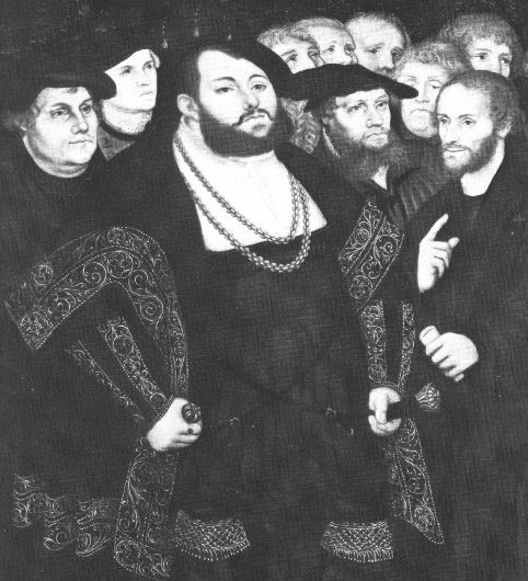 Lukas Cranach der Ältere: Der Kurfürst und Mitarbeiter an der Reformation; von links: Martin Luther, Georg Spalatin (?), Johann Friedrich von Sachsen, ganz rechts: Philipp Melanchthon. Altarfragment (?), um 1532 - 39, im Museum of Art in Toledo in Ohio, USA