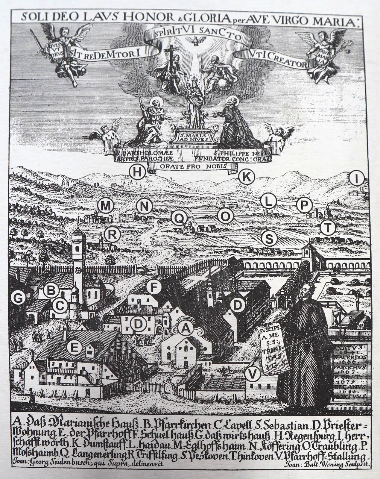 Von Johann Georg Seidenbusch 1717 gefertigter Stich mit der Wallfahrtskirche und der gesamten Anlage in Aufhausen und Selbstbildnis (unten rechts)