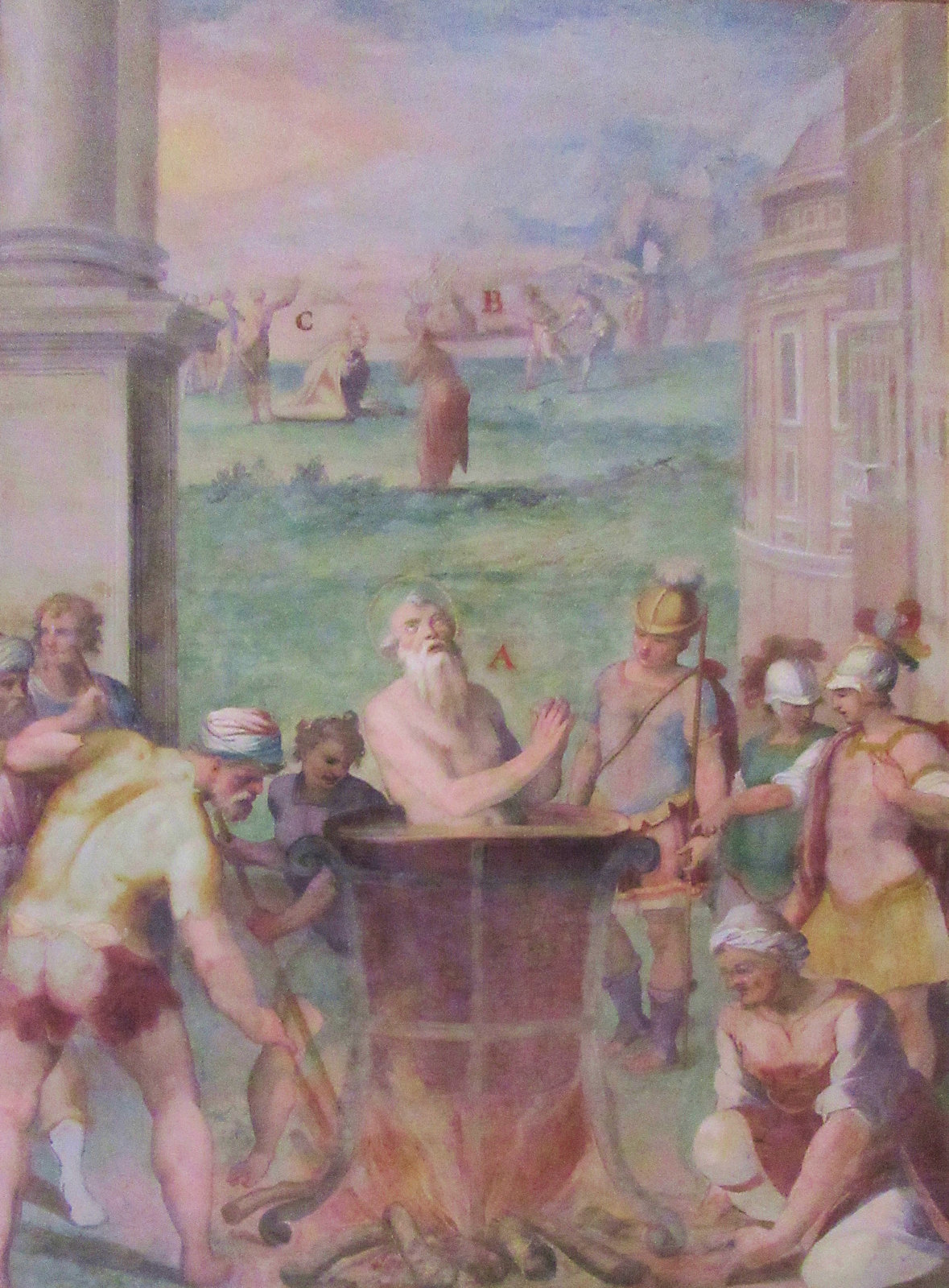 Johannes im Ölkessel, Fresko, um 1600, in der Kirche San Stefano Rotondo in Rom