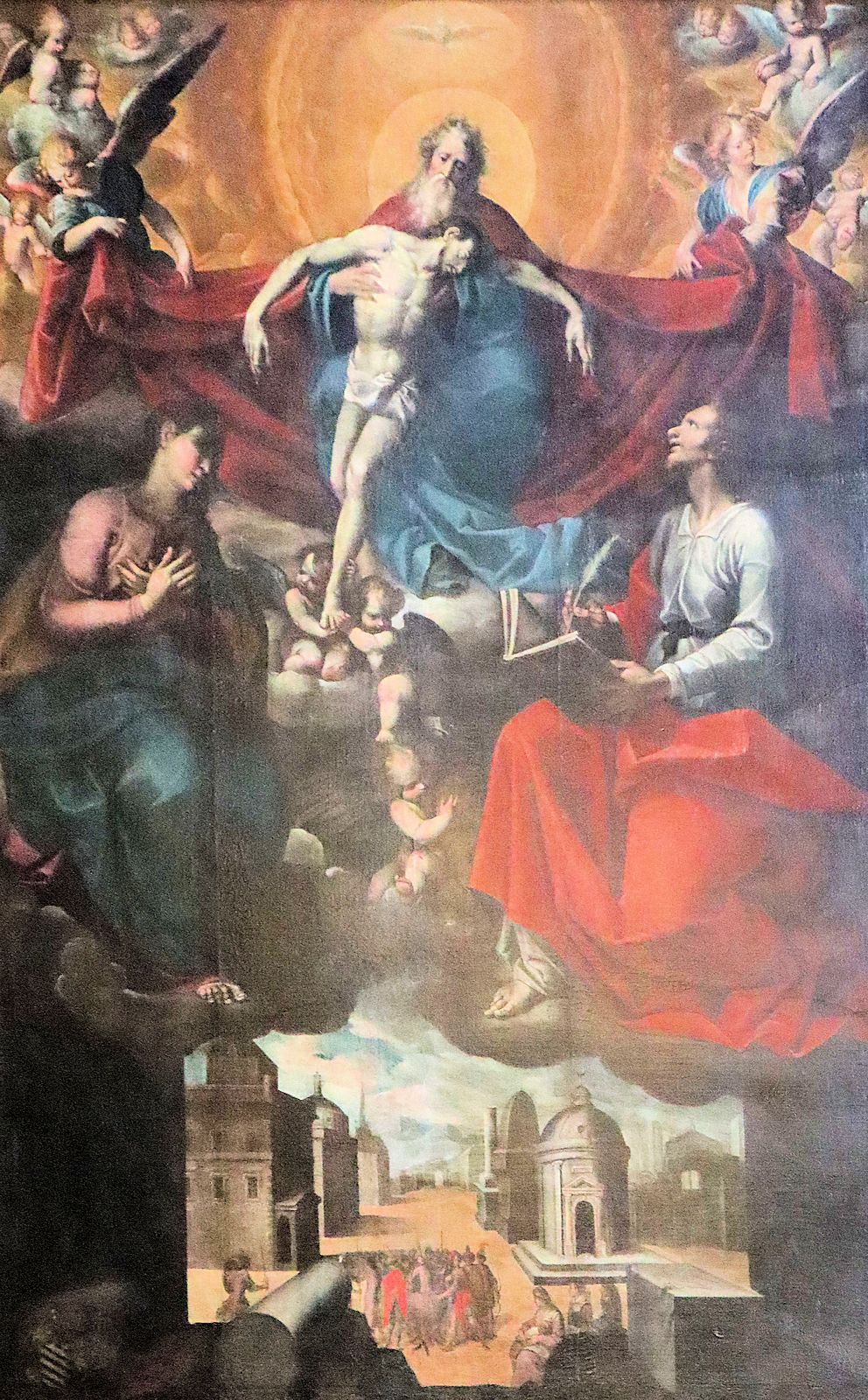 Giobanni Crosio: Johannes mit Maria vor der göttlichen Dreieinigkeit, unten Johannes' Martyrium an der Porta Latina in Rom, Altarbild, 1622, in der Kathedrale in Chieri